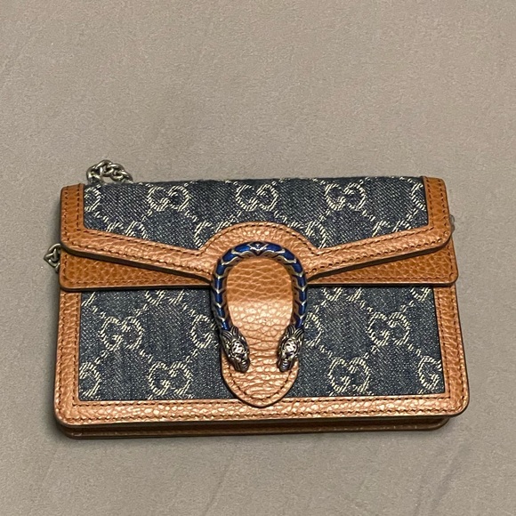 Gucci Denim Monogram Mini Dionysus Chain Wallet Blue Tea Cuir - Picture 2 of 2